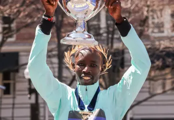 John Korir with Boston Marathon trophy