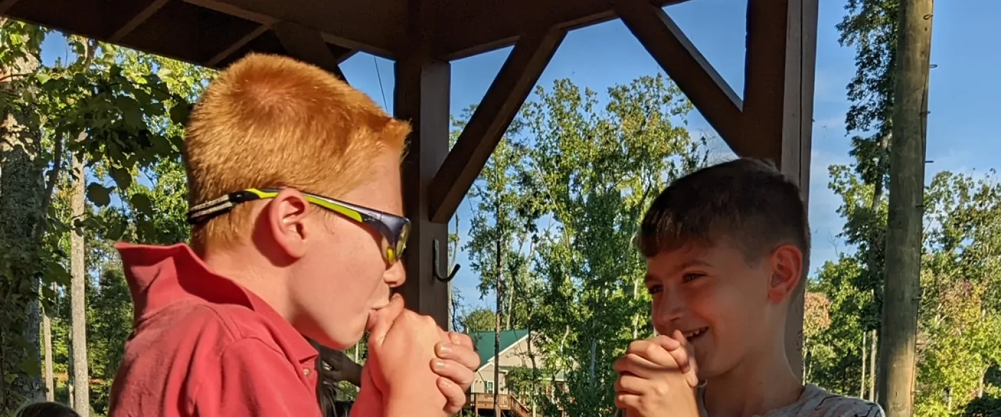 Two boys in a gazebo