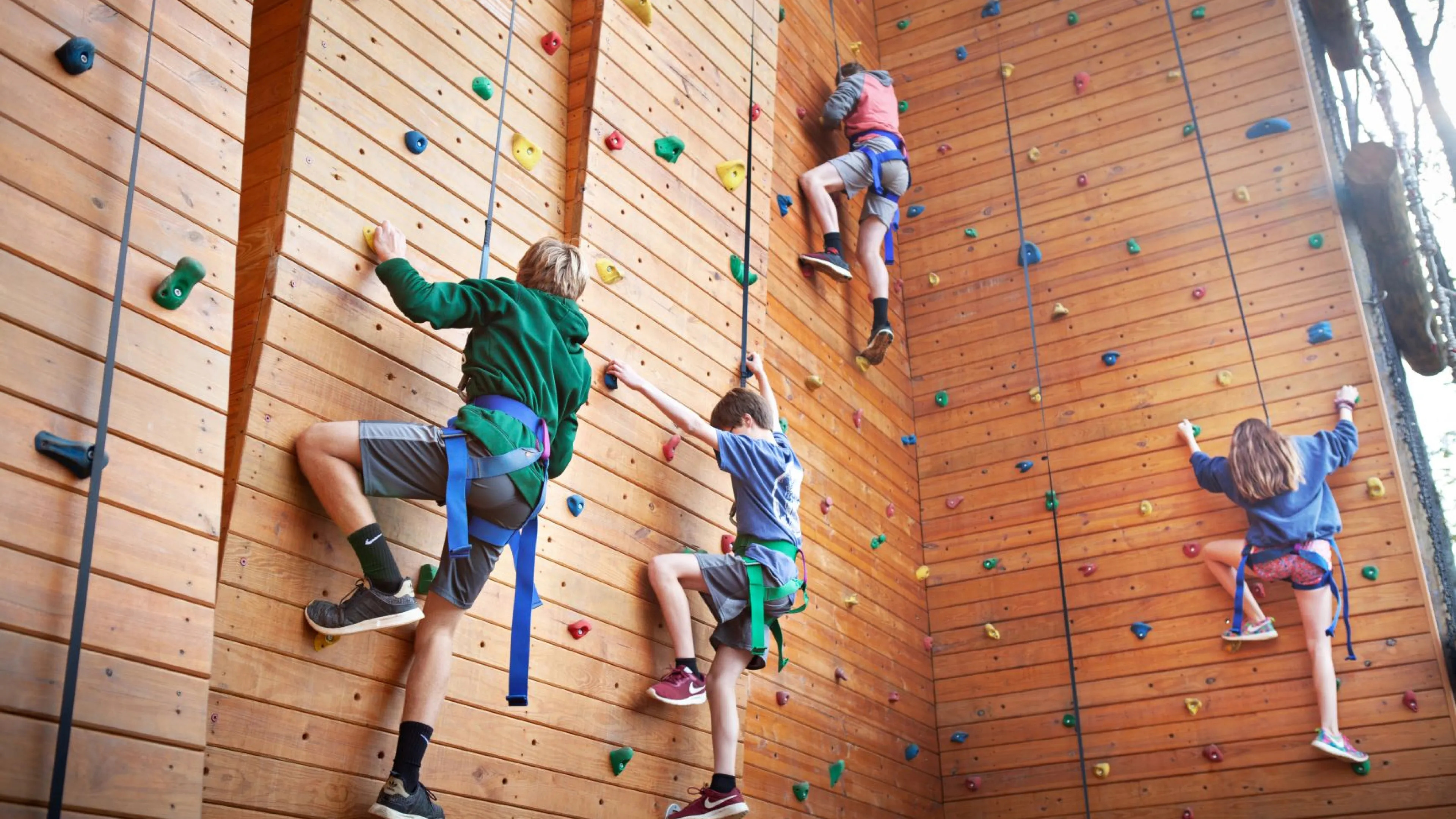 Kids on the Camp Hanes climbing wall