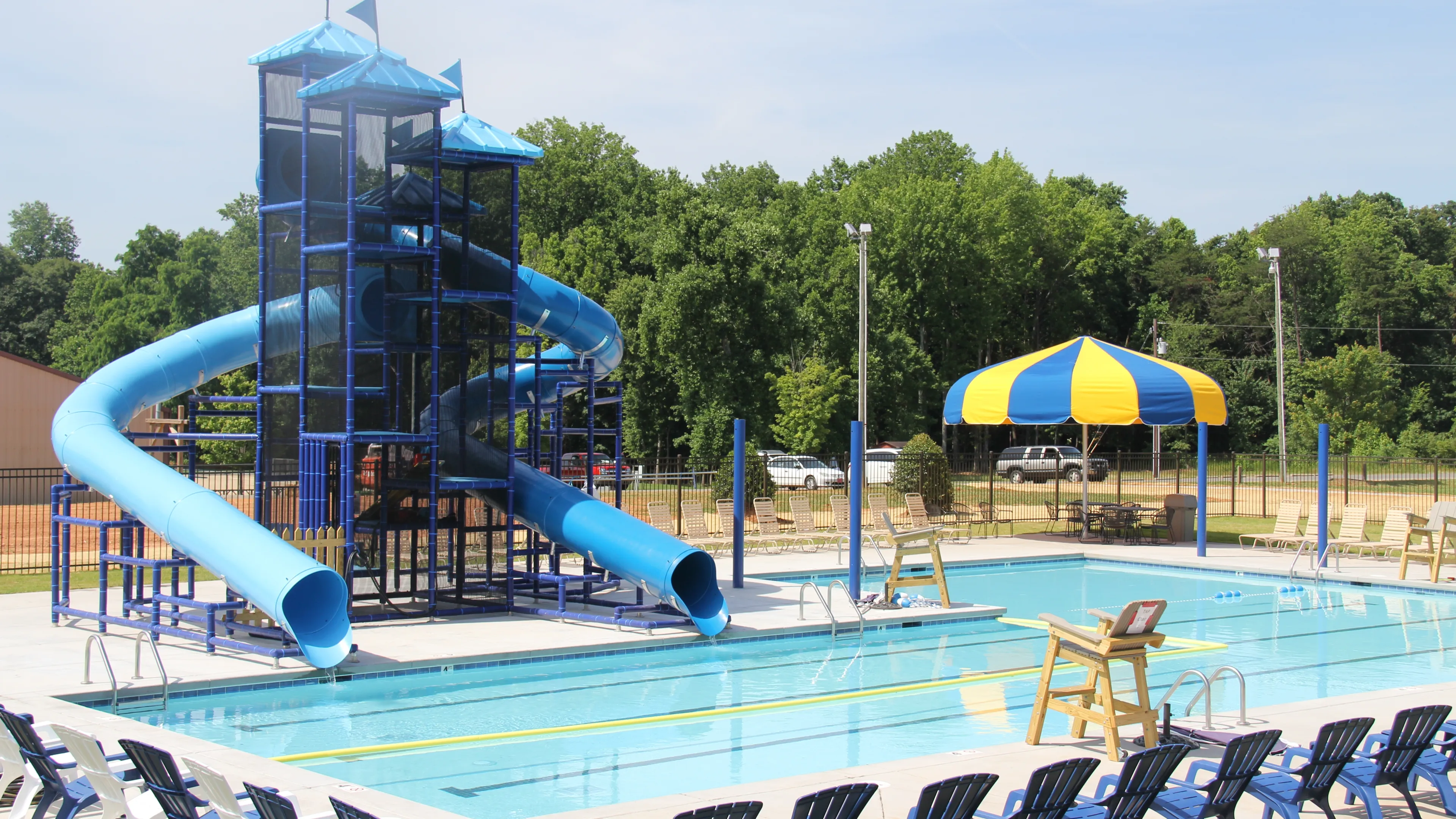 Outdoor pool and water slides